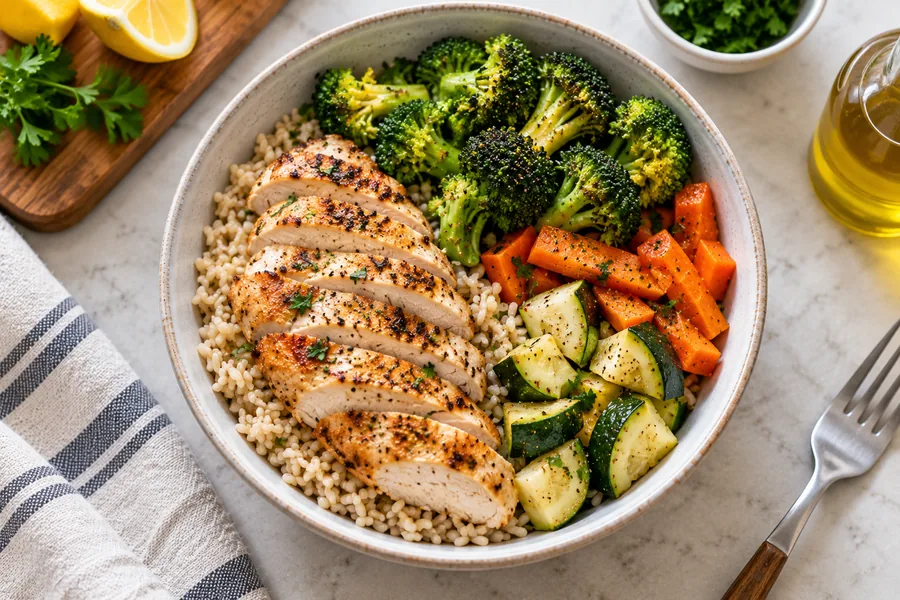 Chicken and vegetable grain bowl with brown rice and vegetables