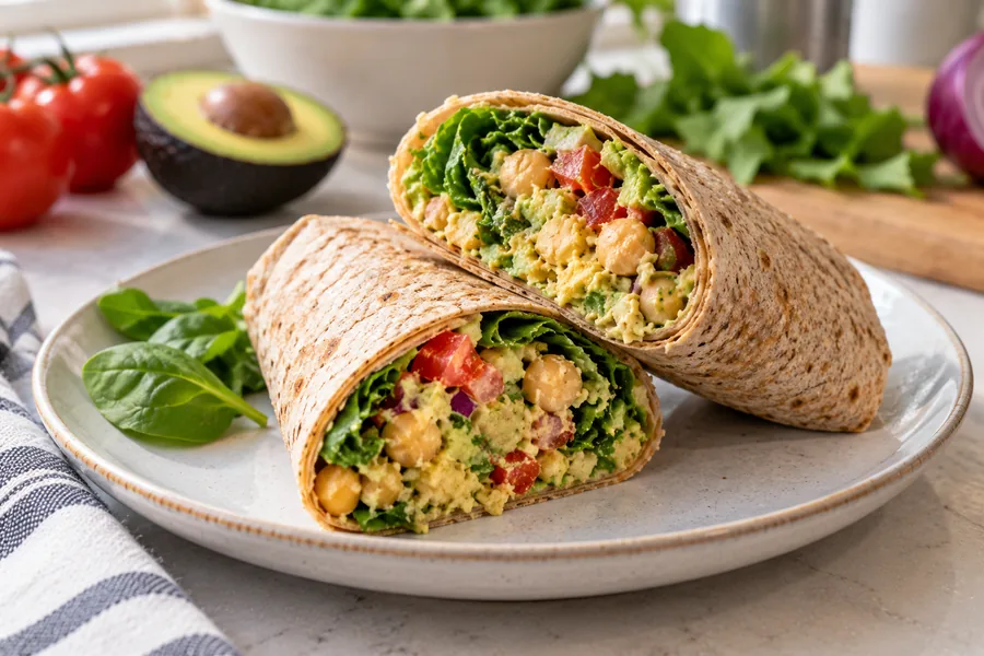 Chickpea avocado wrap with lettuce and tomato in a whole-wheat tortilla