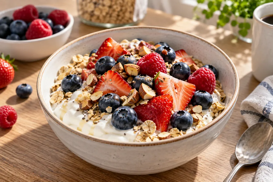 Greek yogurt berry oat bowl with berries, oats, and nuts