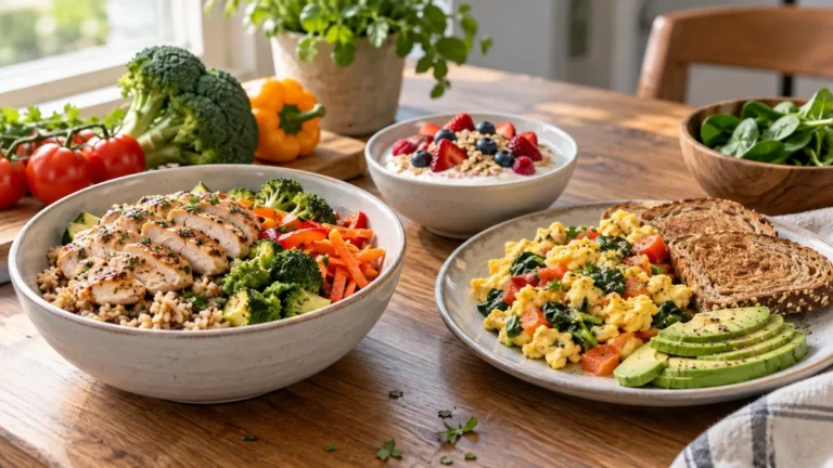 Healthy beginner meals including a chicken grain bowl, veggie eggs, and Greek yogurt berry bowl