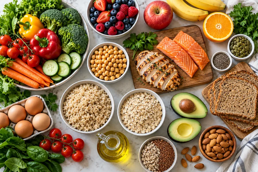 Healthy ingredients including vegetables, protein, whole grains, and olive oil