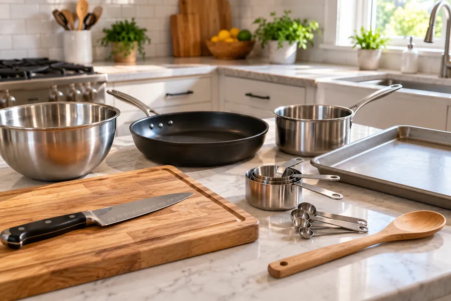 Basic kitchen equipment for beginner home cooking including a knife, cutting board, and skillet
