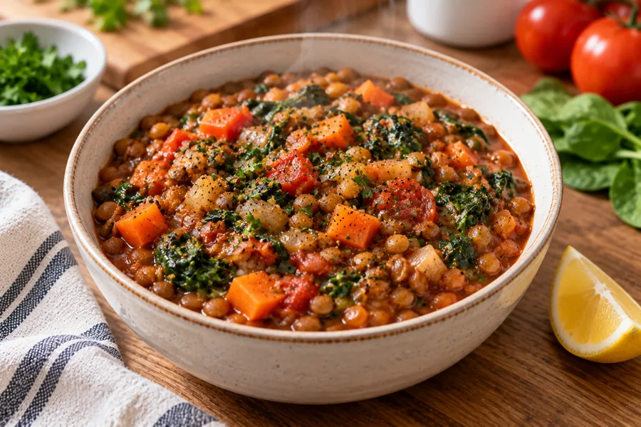 One-pot lentil tomato bowl with vegetables and leafy greens