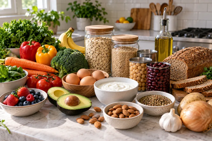 Beginner-friendly pantry staples including oats, beans, olive oil, and fresh vegetables