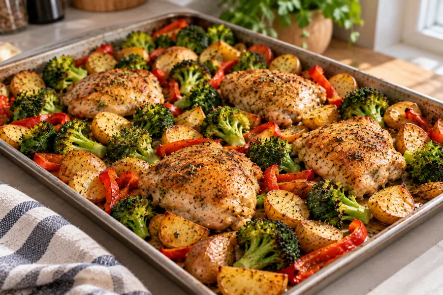 Sheet-pan chicken thighs with roasted potatoes and vegetables