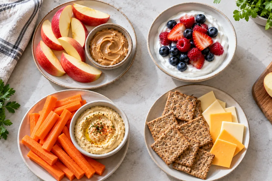 Healthy snack ideas including apple with peanut butter, yogurt with berries, carrots with hummus, and crackers with cheese