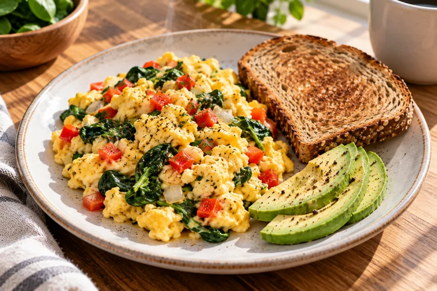 Veggie scrambled eggs with whole-grain toast and avocado