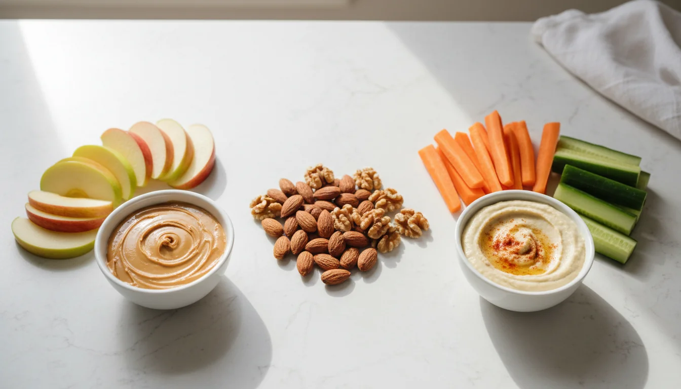Healthy snack combinations including apple with peanut butter, almonds, and vegetables with hummus