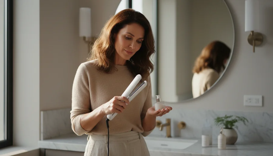 woman holding a hair straightener and a bottle of heat protectant in a bathroom