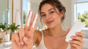 Woman smiling while holding a sunscreen tube, with two lines of sunscreen applied across her index and middle fingers