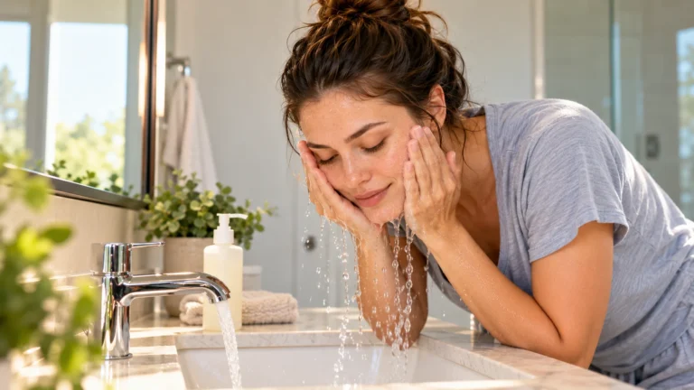 Woman gently washing her face at a bathroom sink