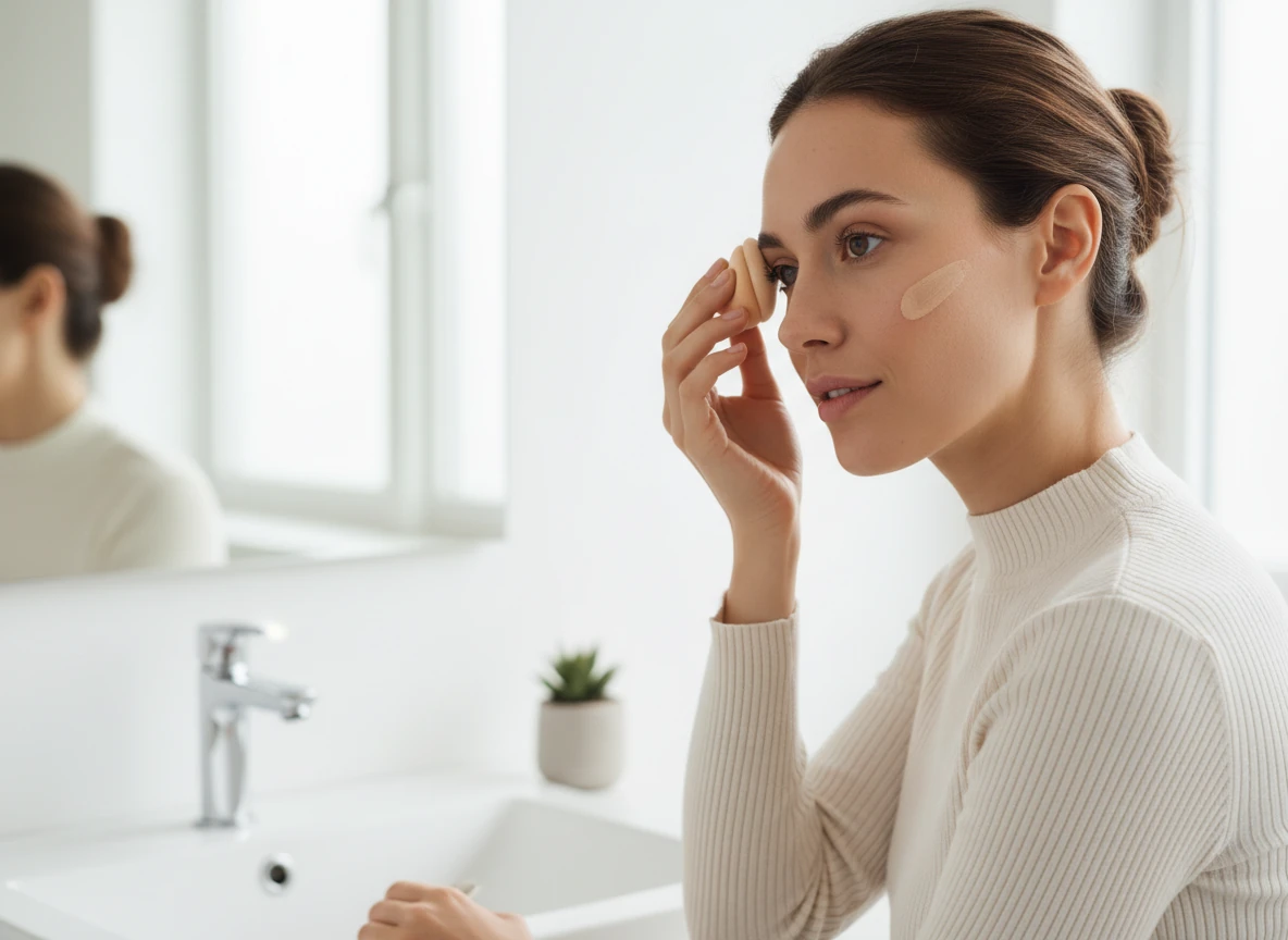 woman blending foundation outward from the center of her face