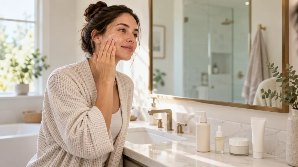 Woman applying moisturizer as part of a layered skincare routine