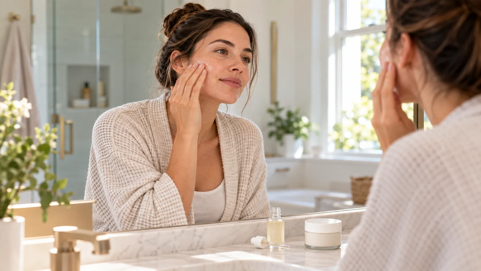 Woman applying moisturizer in the mirror as part of her skincare layering order