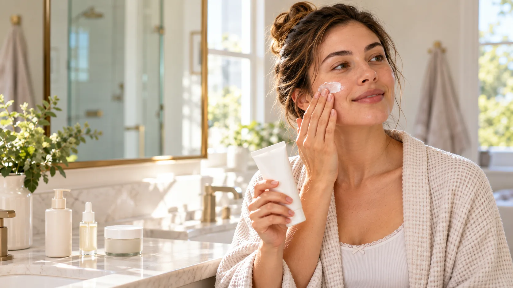 Woman applying moisturizer during her morning skincare routine