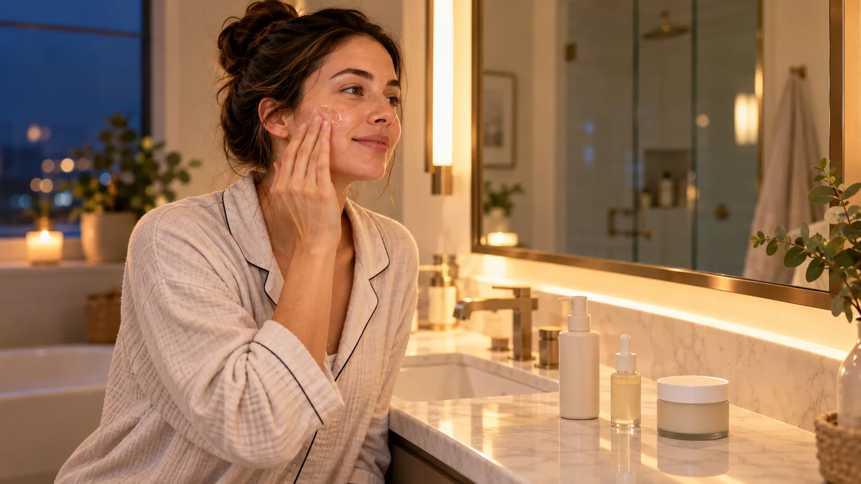 Woman applying skincare product as the final step of her nighttime routine