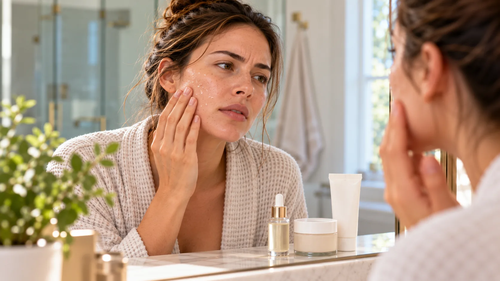 Woman checking her skin texture after layering skincare products