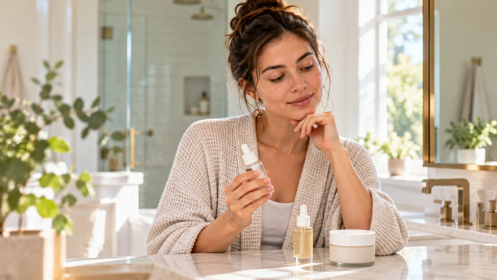 Woman holding a serum bottle while deciding where it fits in her skincare layering order