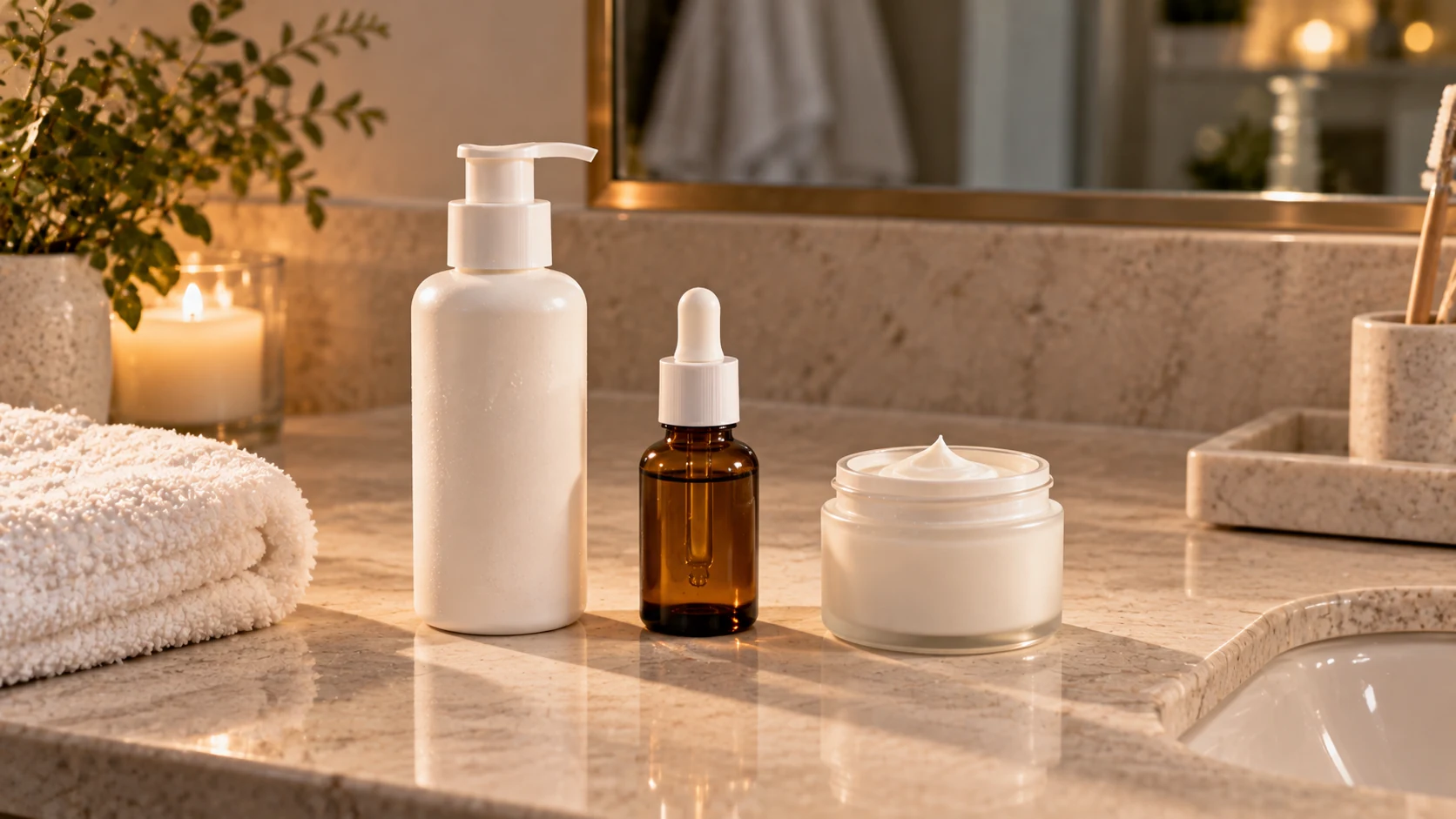 Cleanser, treatment product, and moisturizer arranged to show a simple beginner retinol routine sequence