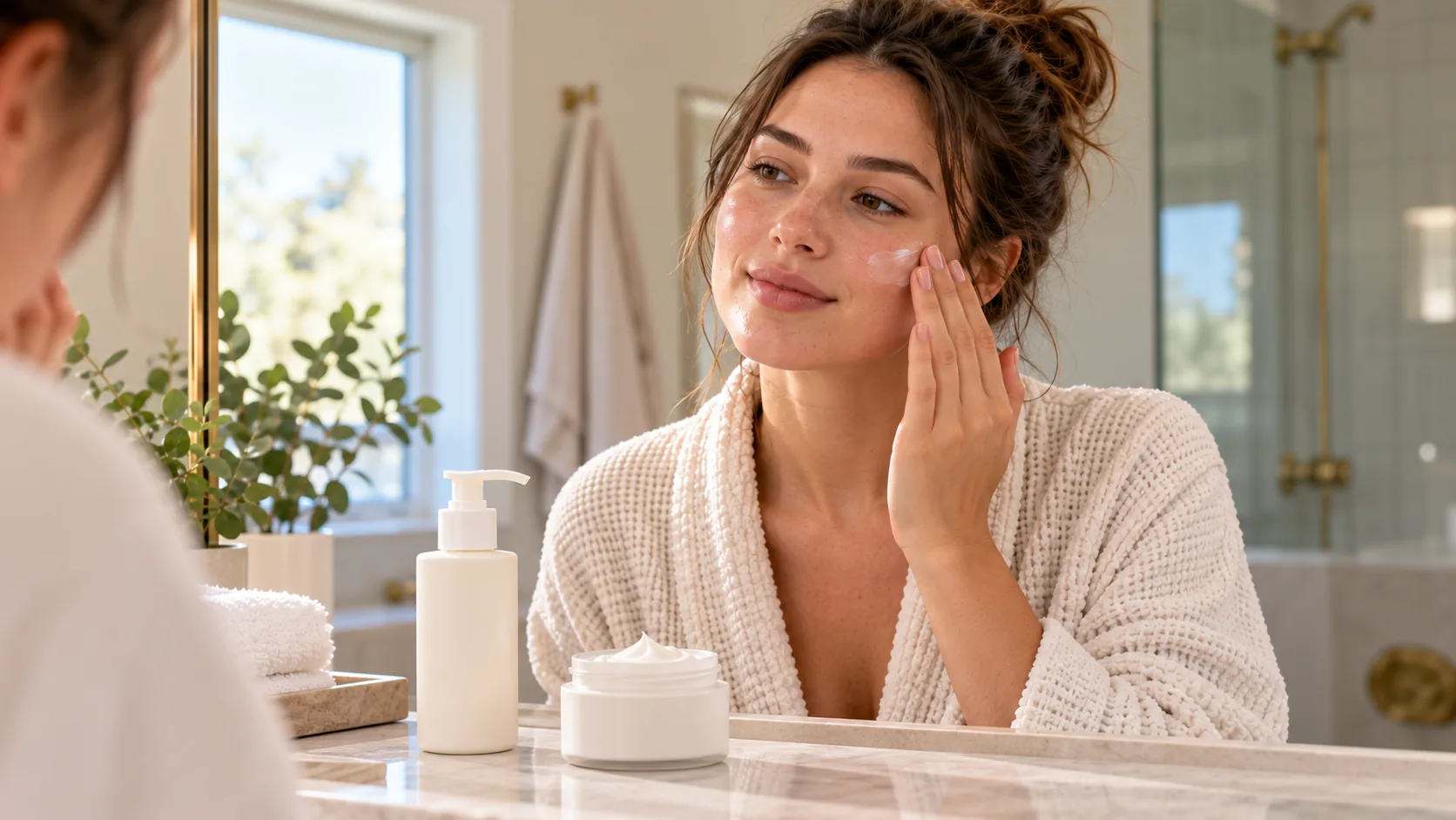 Woman applying moisturizer to her cheek in front of a bathroom mirror