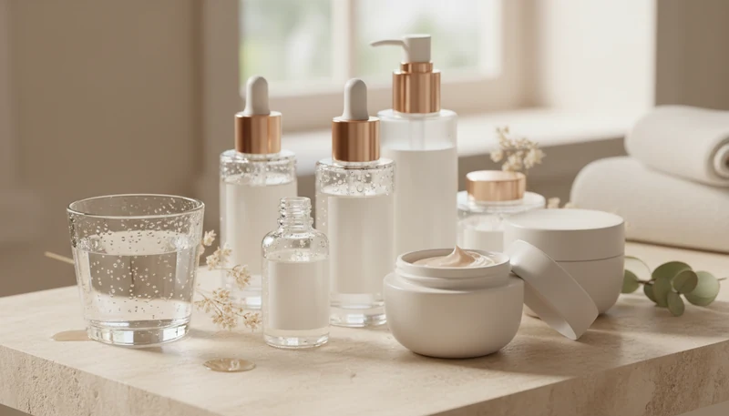 Hydrating serums and moisturizer arranged on a bathroom counter