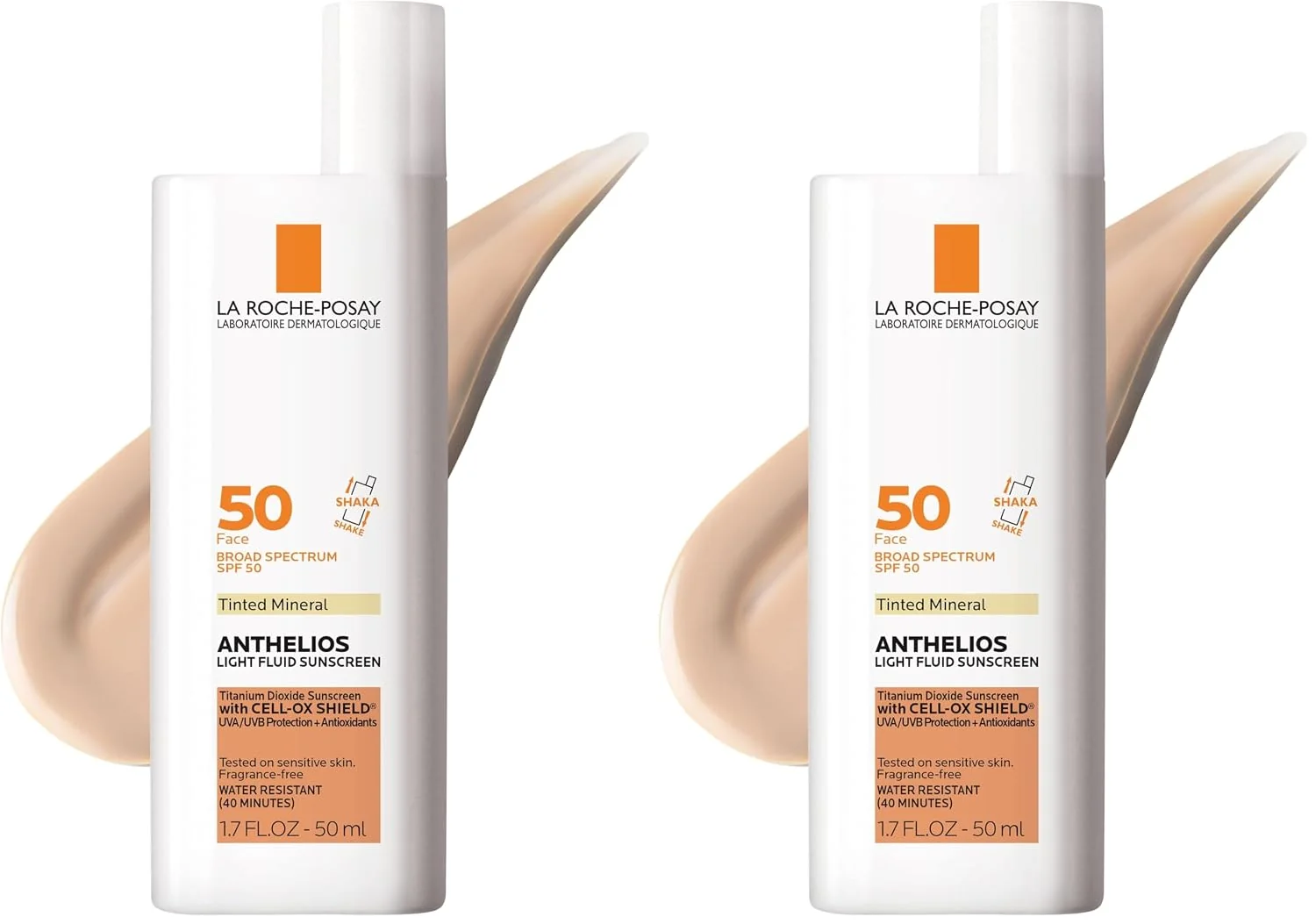 La Roche-Posay Anthelios 50 Mineral Tinted sunscreen fluid bottles with a texture swatch
