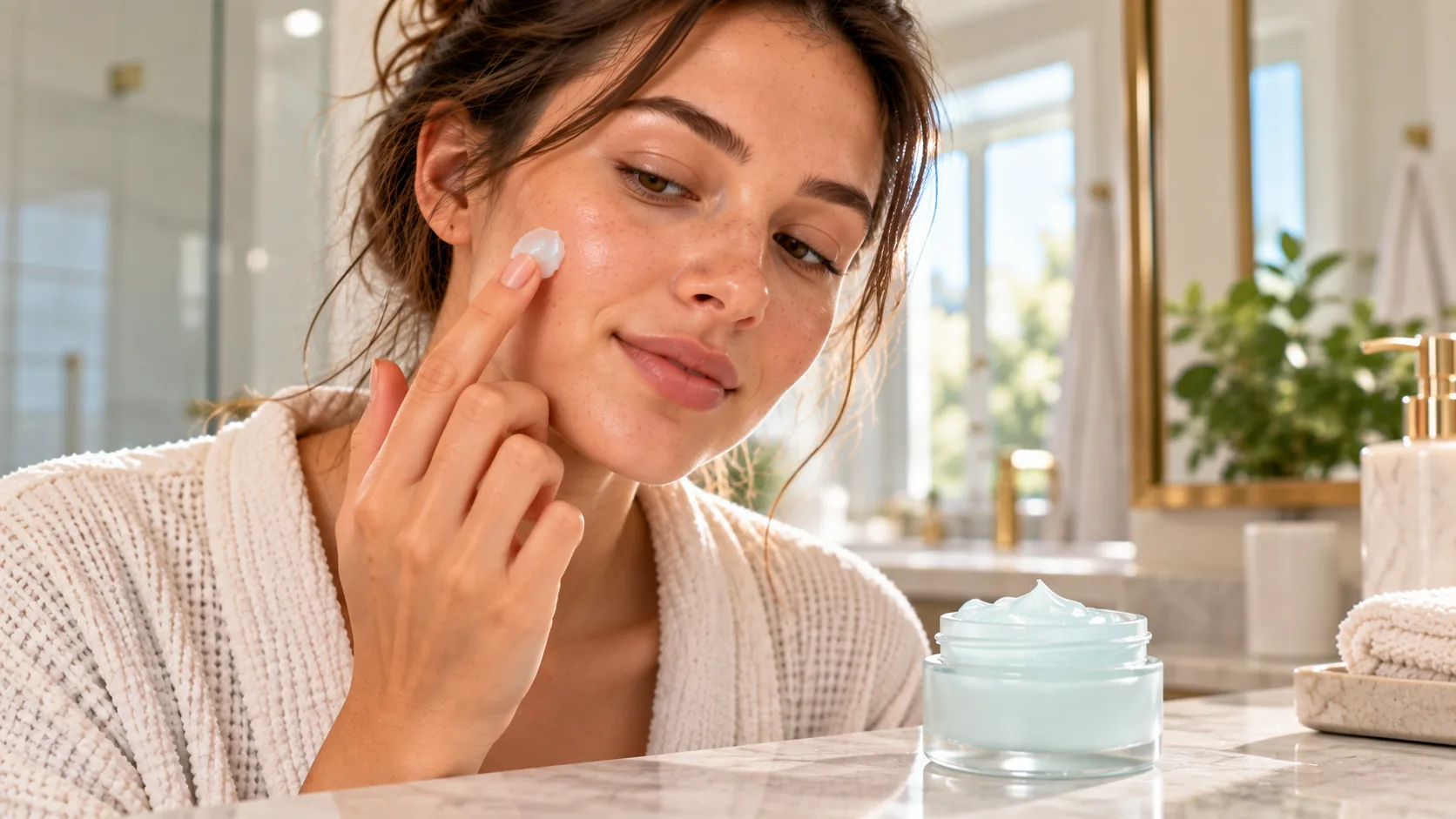 Woman applying a lightweight, gel-textured moisturizer from a glass jar