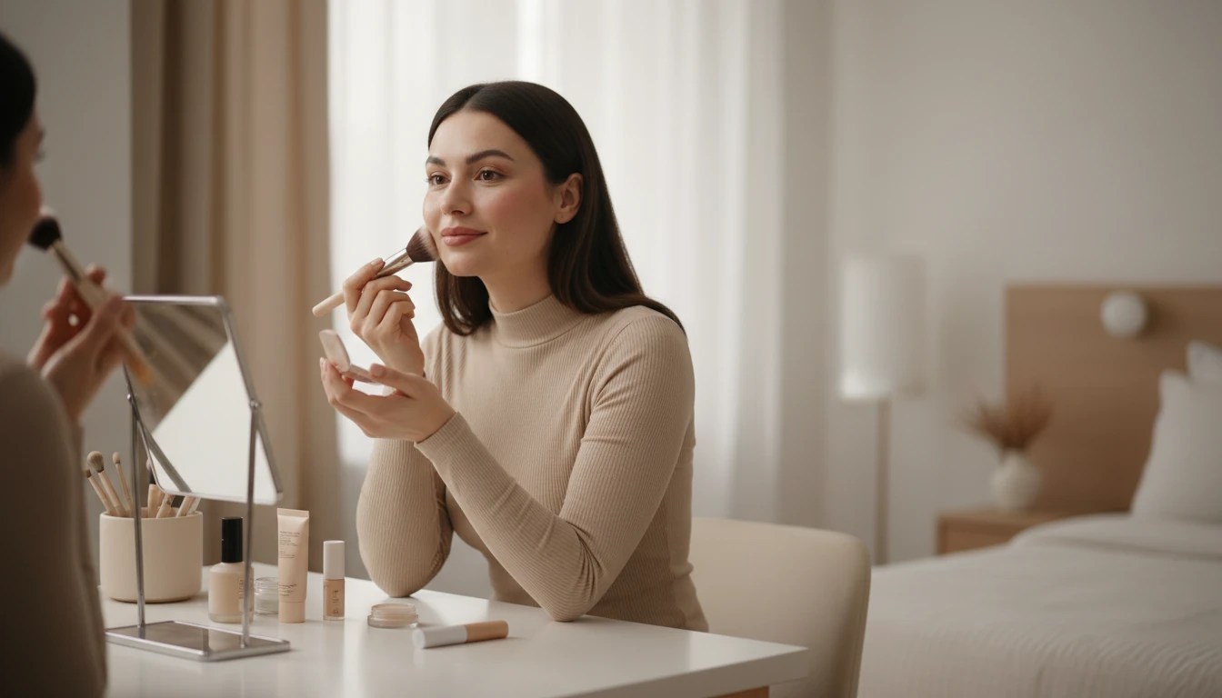 woman applying natural makeup at a bathroom mirror