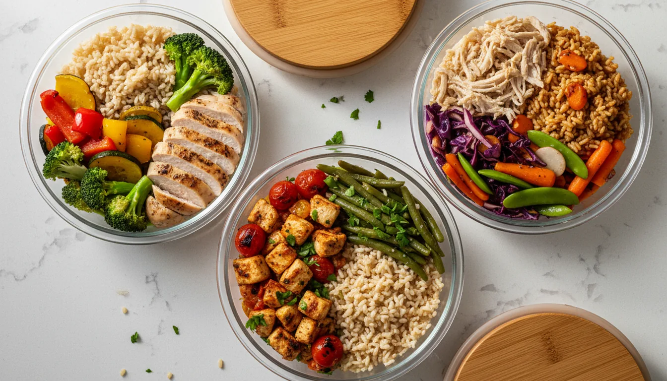 Meal prep containers with cooked rice, chicken, and vegetables ready for the week
