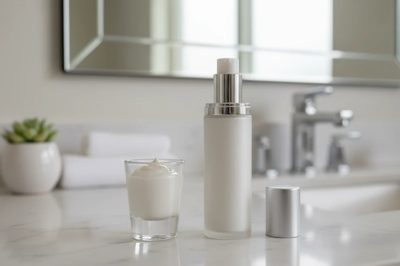 Lightweight lotion-style skincare product texture in a glass dish next to a pump bottle