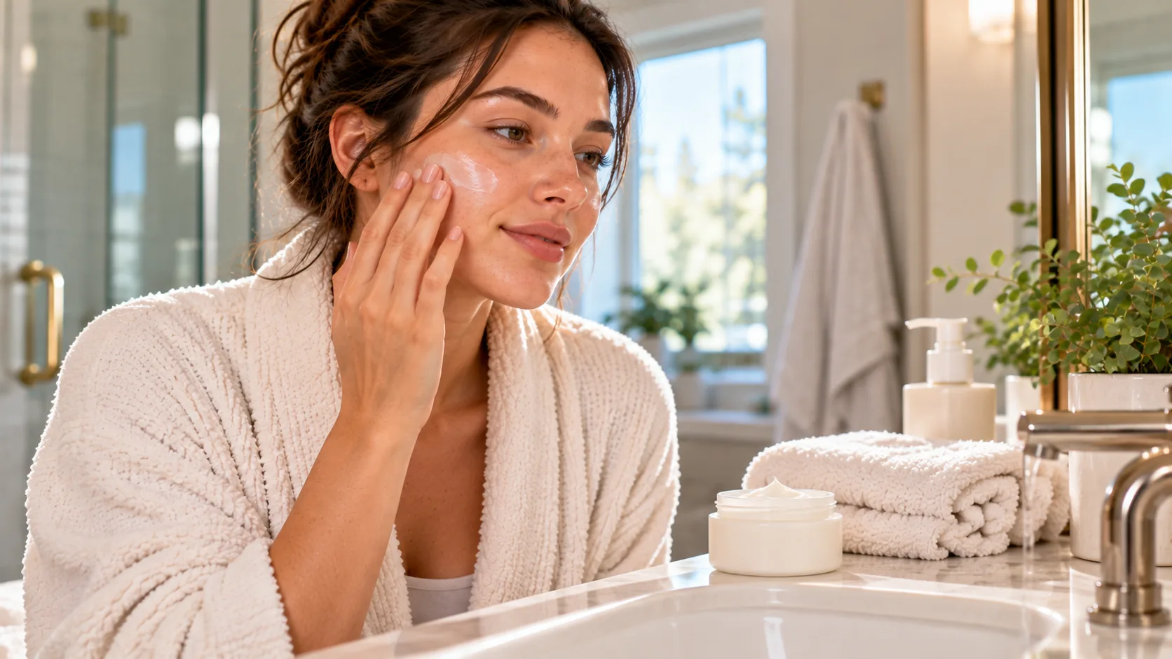 Woman applying moisturizer at a bathroom counter as part of a morning routine