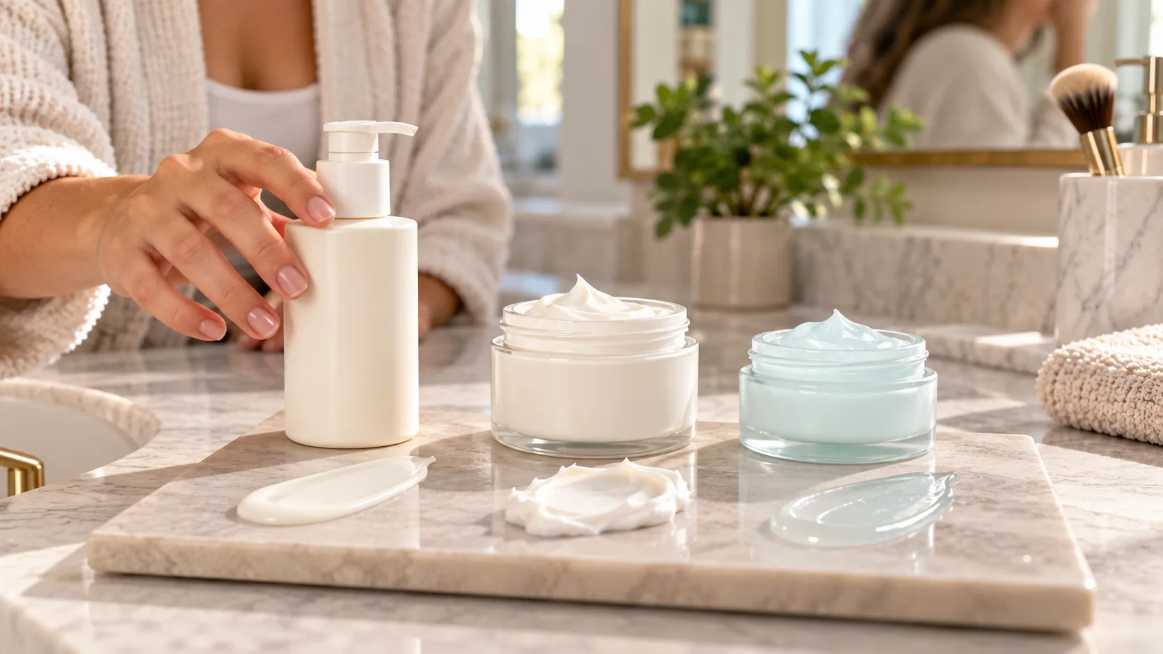 Three moisturizer textures compared side by side: a lightweight lotion, a rich cream, and a gel