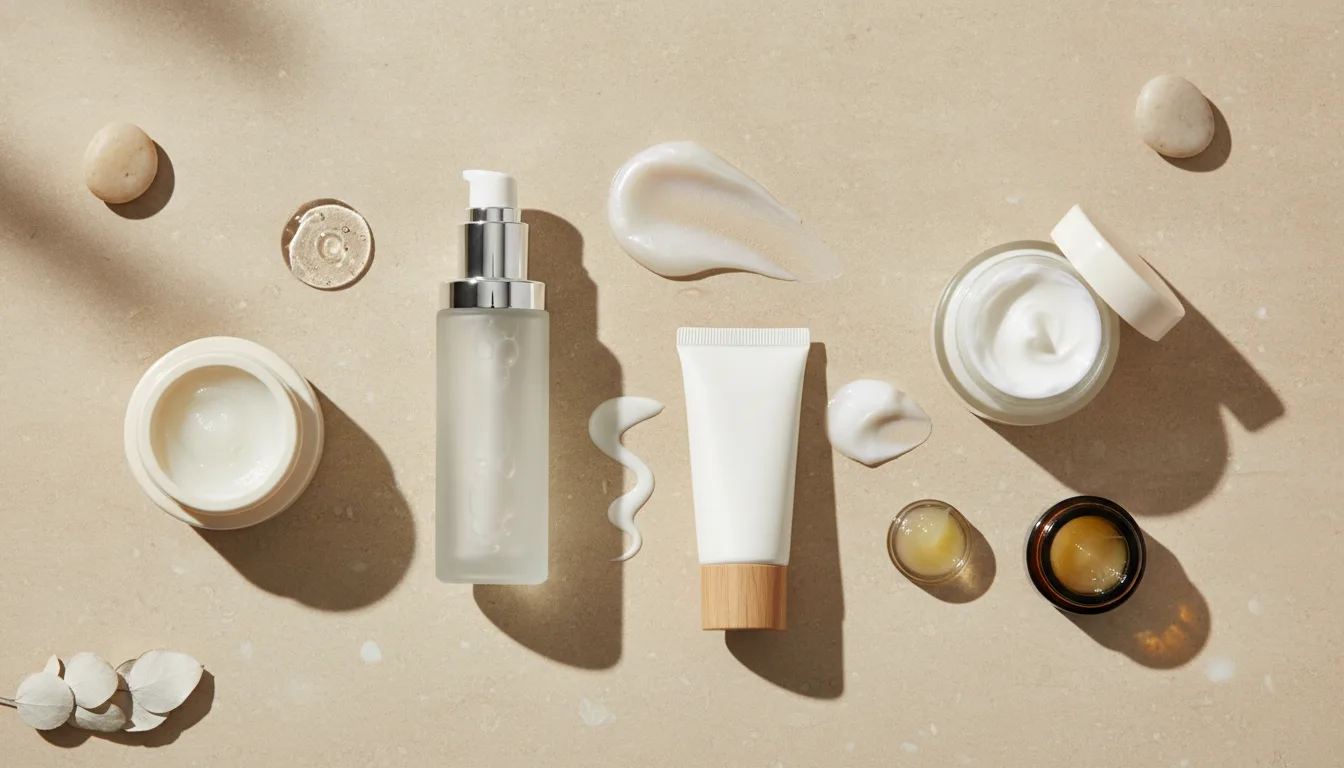 Different facial moisturizer textures including gel lotion cream and ointment