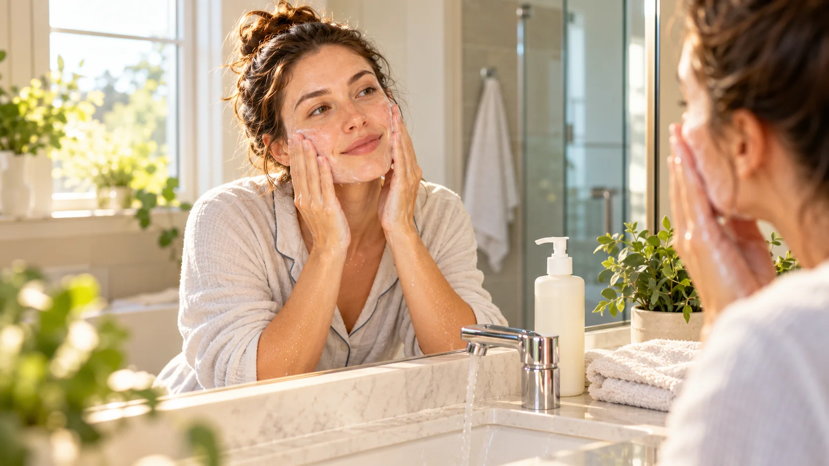 Woman gently cleansing her face during a morning skincare routine