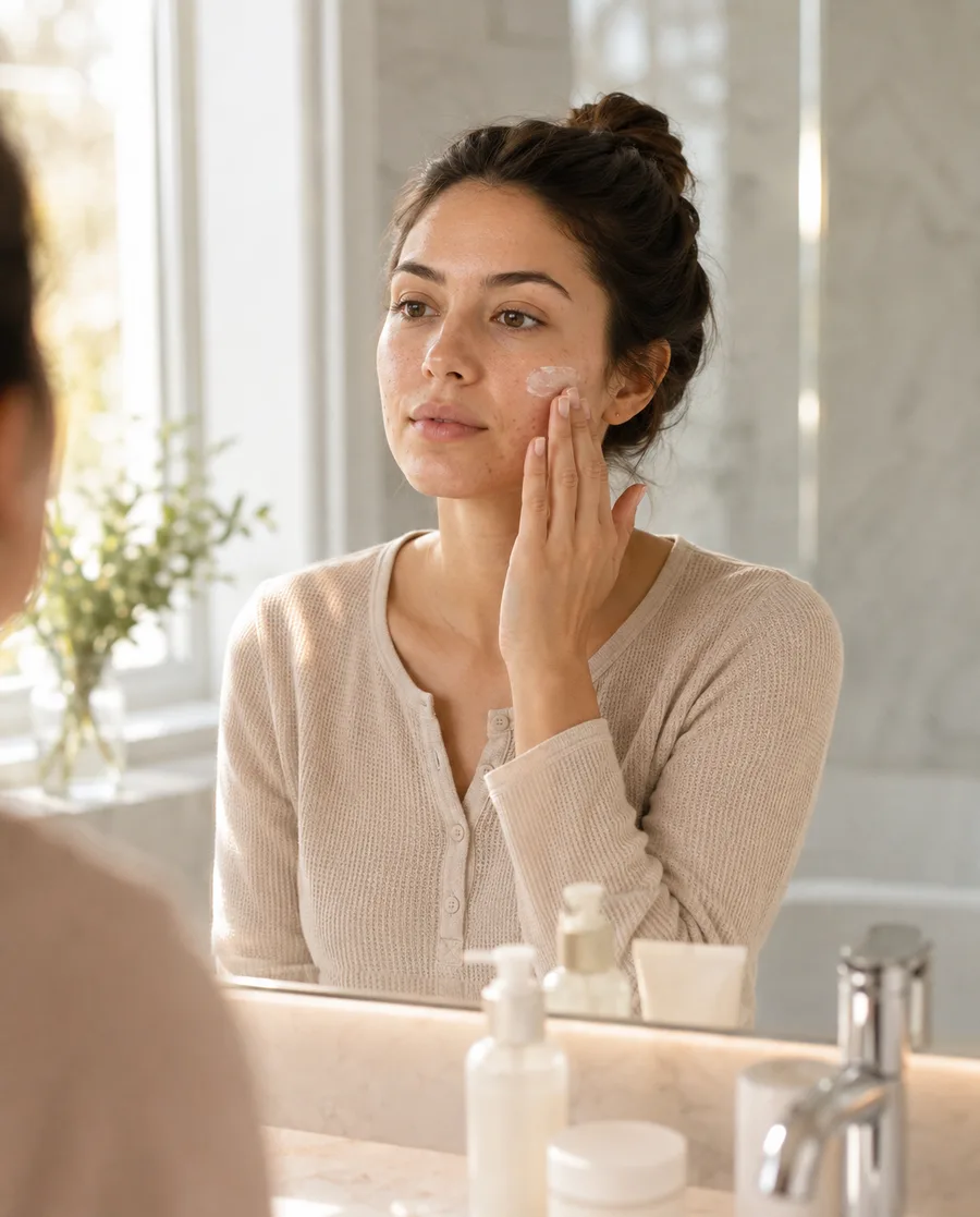 Person applying moisturizer during a morning skincare routine for acne-prone skin