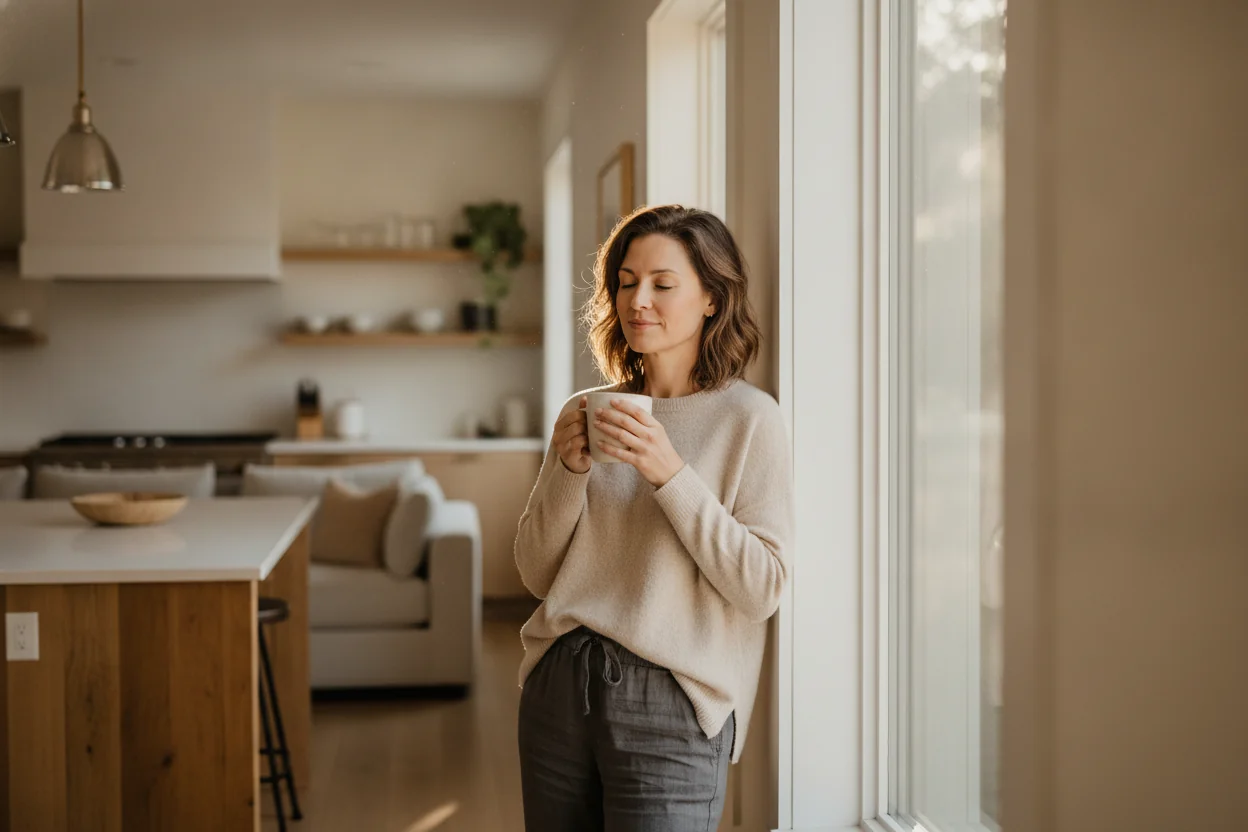 Adult standing near a sunny window in the morning holding a cup of coffee