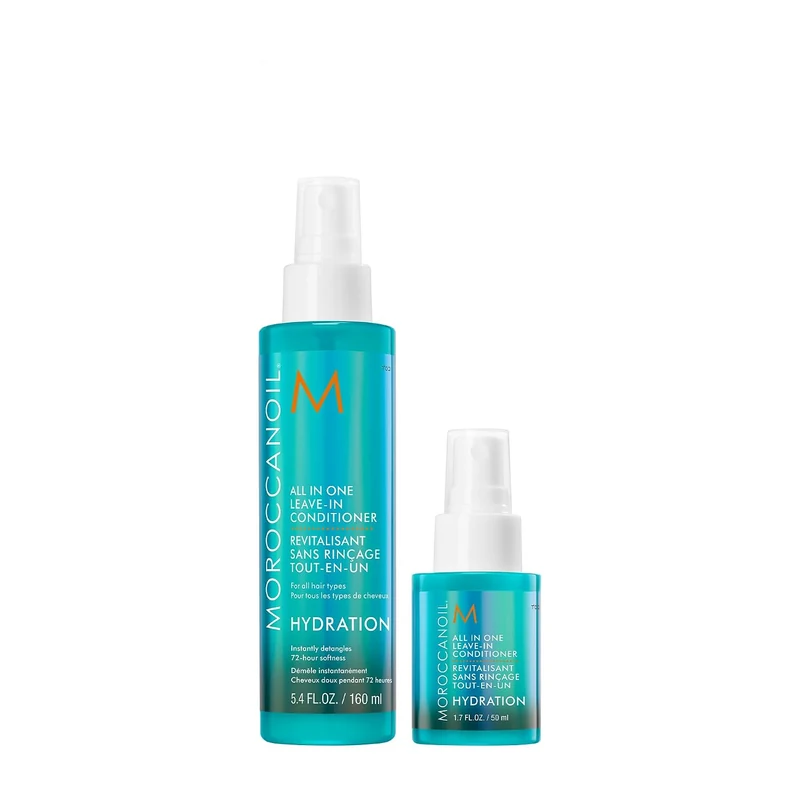 Moroccanoil All In One Leave-In Conditioner, full-size and travel-size bottles