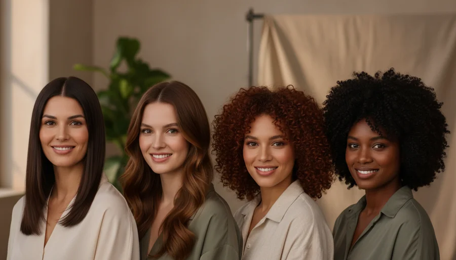 four women side by side showing straight, wavy, curly, and coily hair textures