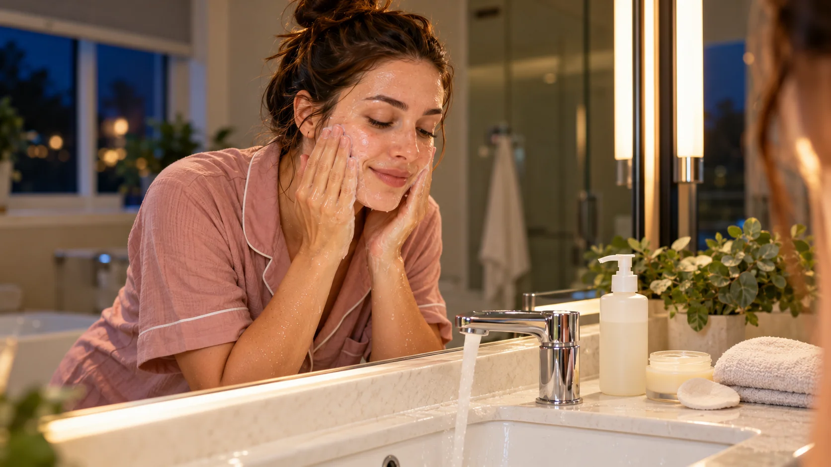 Woman washing her face at night as part of an evening skincare routine