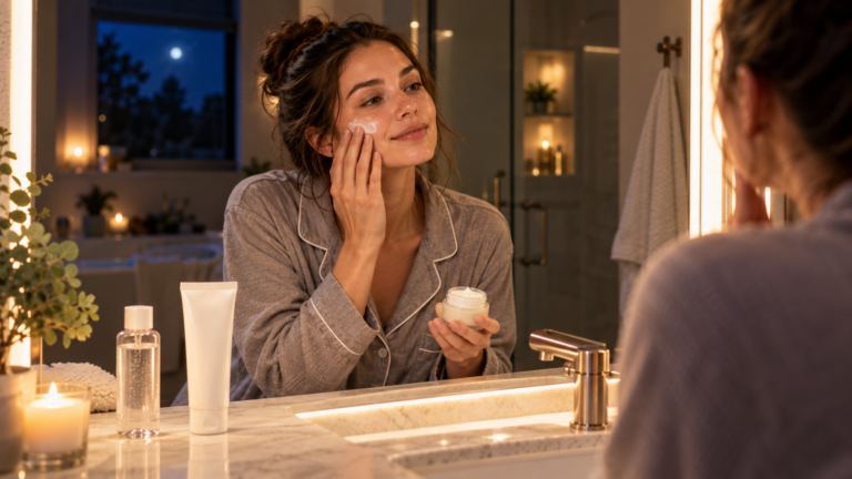 Woman applying moisturizer as the last step of a simple nighttime skincare routine before bed