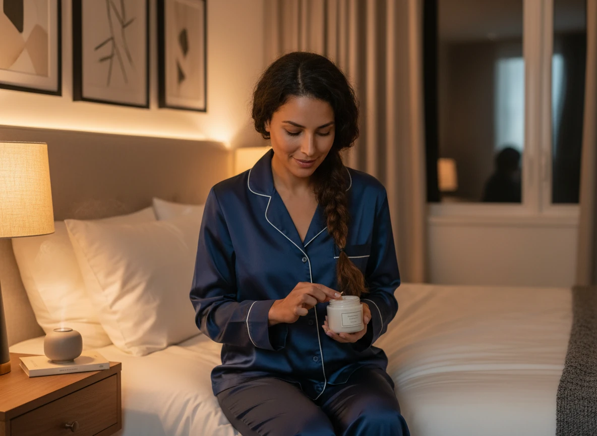 woman in pajamas applying a nighttime hair treatment while sitting on her bed
