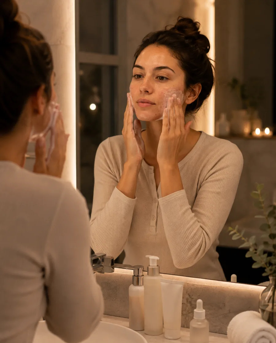 Person cleansing their face during a nighttime skincare routine for acne-prone skin