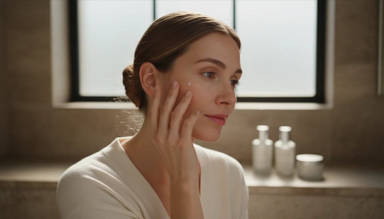 Woman gently applying an exfoliating skincare treatment for rough skin texture