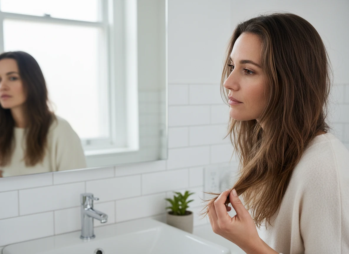 woman at a bathroom sink gently inspecting a strand of her hair