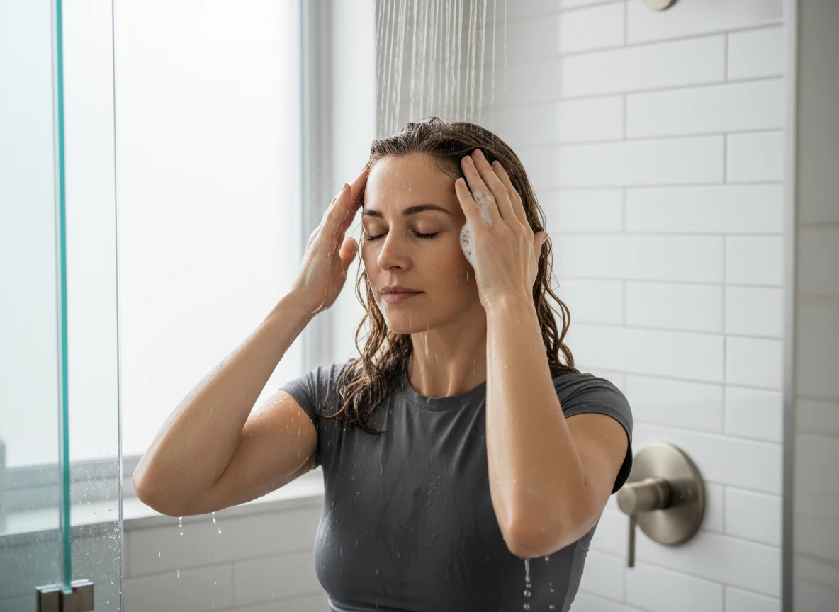 woman massaging shampoo into her scalp with both hands in the shower