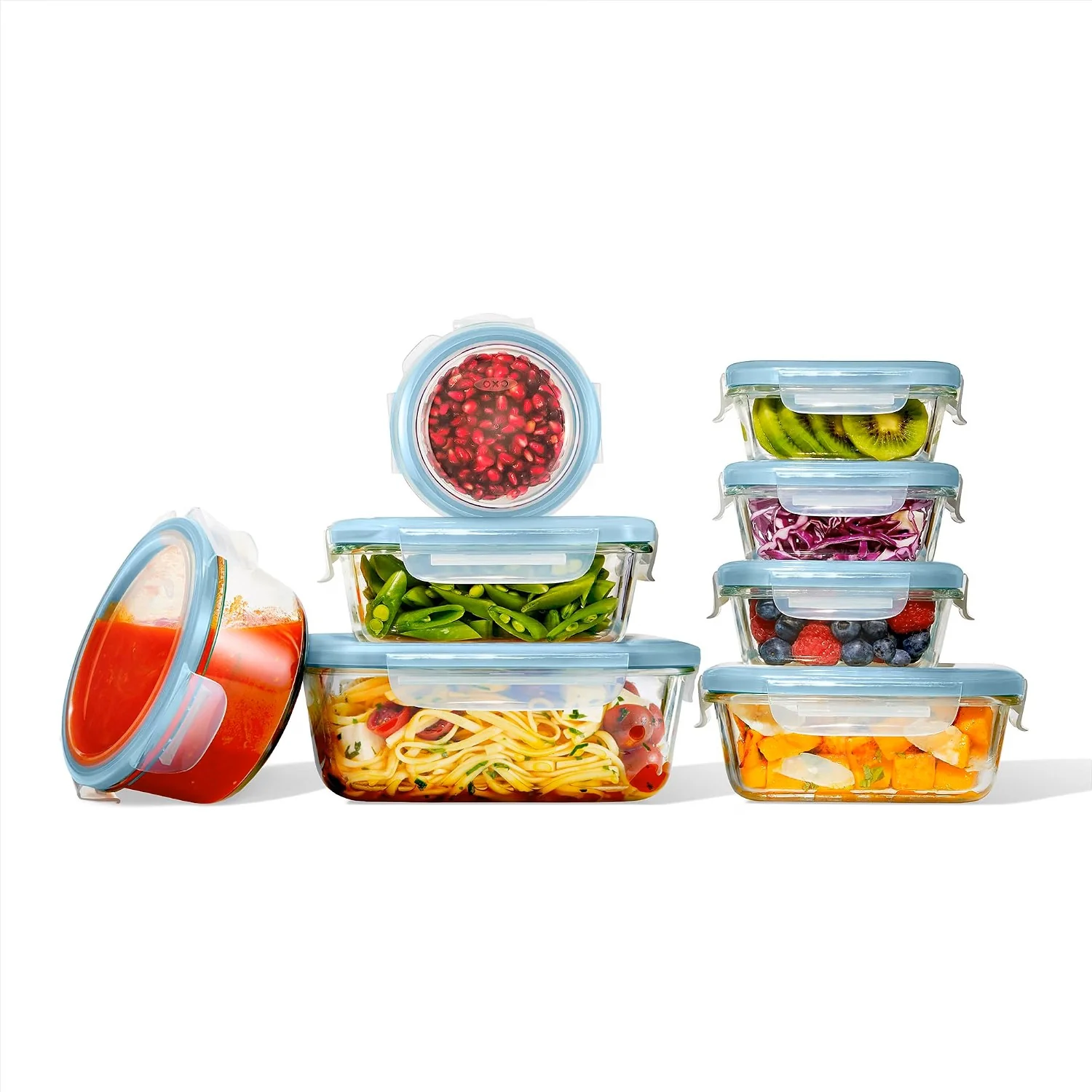 OXO Good Grips glass food storage containers with locking blue lids