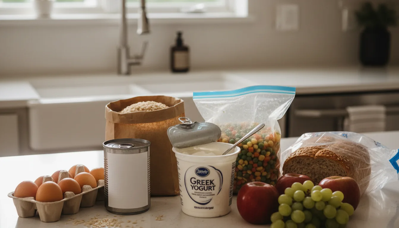 Pantry staples including eggs, rice, yogurt, and frozen vegetables for quick backup meals