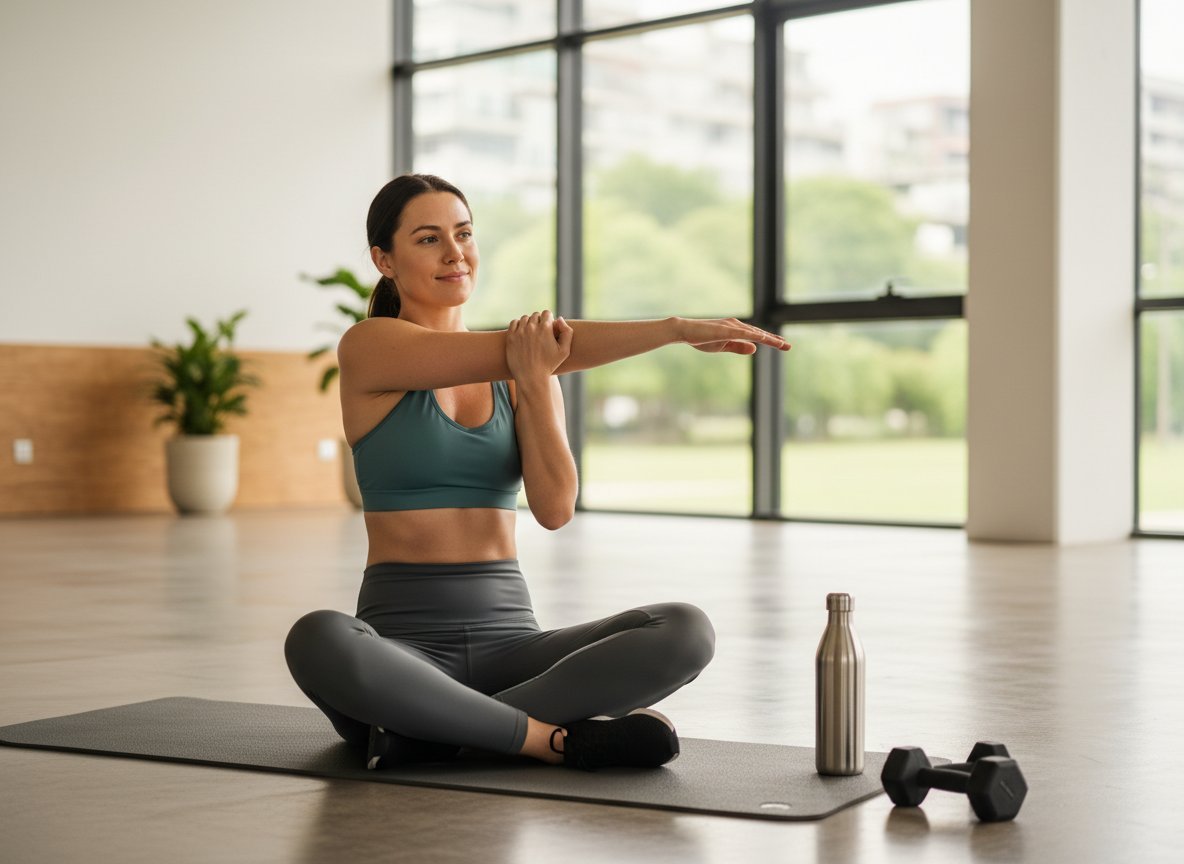 Woman stretching on a mat after a strength training workout to support recovery
