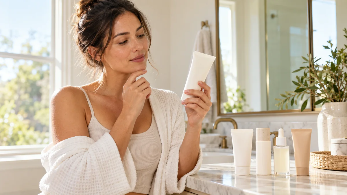 Close-up of a person reading a sunscreen product label