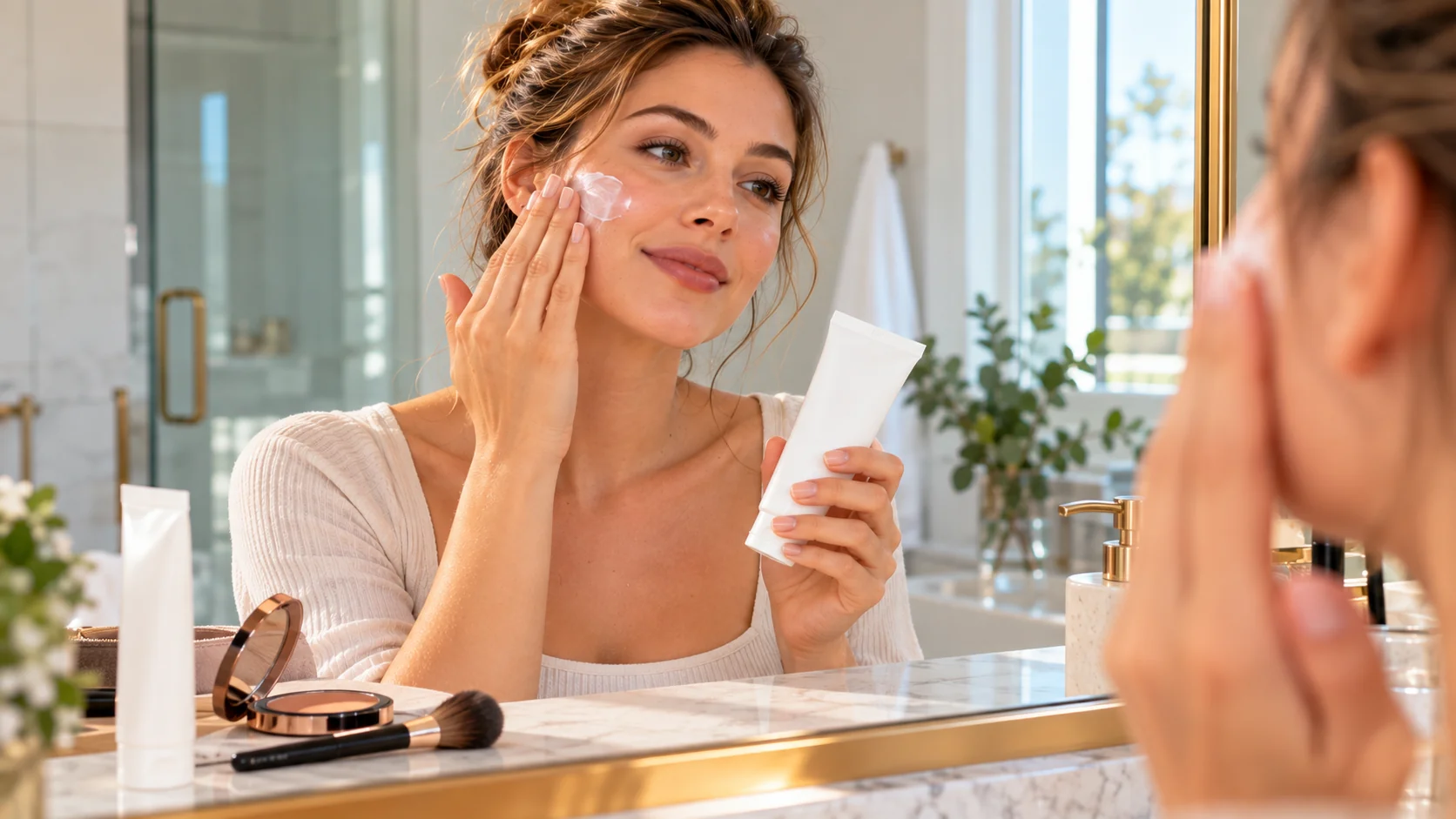 Woman applying sunscreen at a bathroom mirror with makeup on the counter nearby